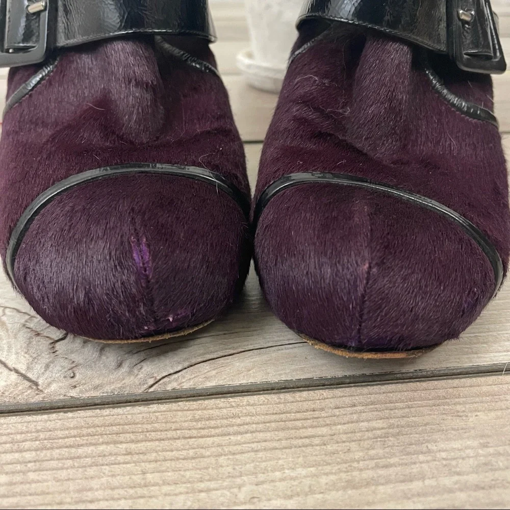 Sonia Rykiel Purple Fur Boots Women’s 8.5 Leather Buckle Block Heel‎